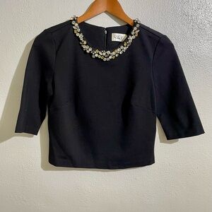 Eliza J Rhinestone Necklace Collar Top Black Knit Short Sleeve Blouse Sz 4 Chic